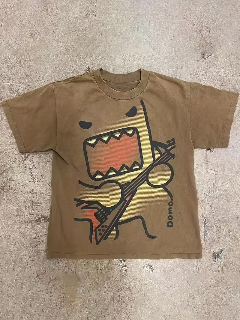 Y2K Domo Kun Guitar Rockstar Graphic Tee - Vintage Emo Scene Brown T-Shirt