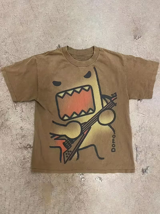 Y2K Domo Kun Guitar Rockstar Graphic Tee - Vintage Emo Scene Brown T-Shirt