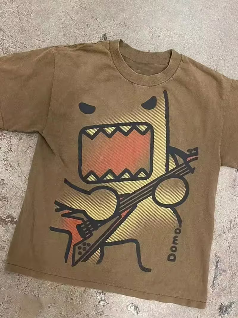 Y2K Domo Kun Guitar Rockstar Graphic Tee - Vintage Emo Scene Brown T-Shirt