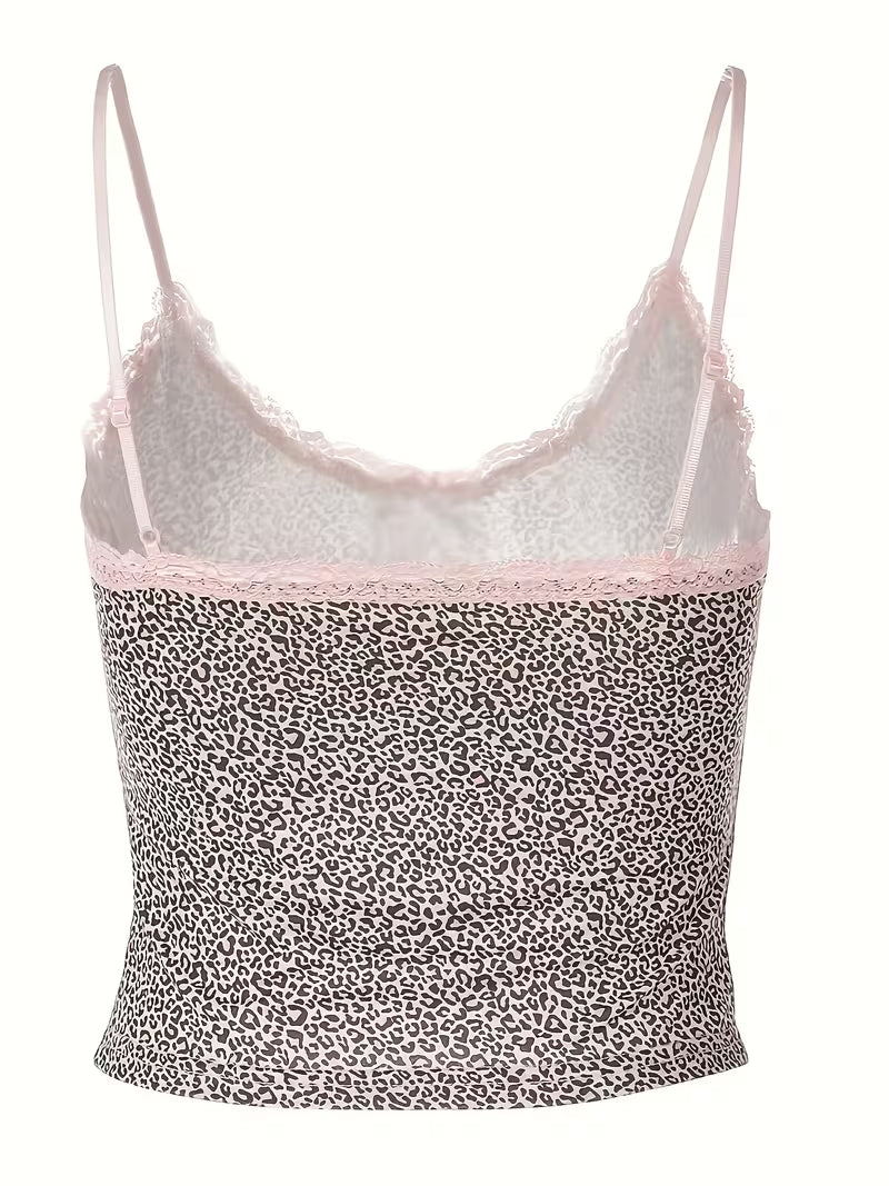 Vintage Y2K Cheetah Print Cami Crop Top Lace Detail Bow Accent