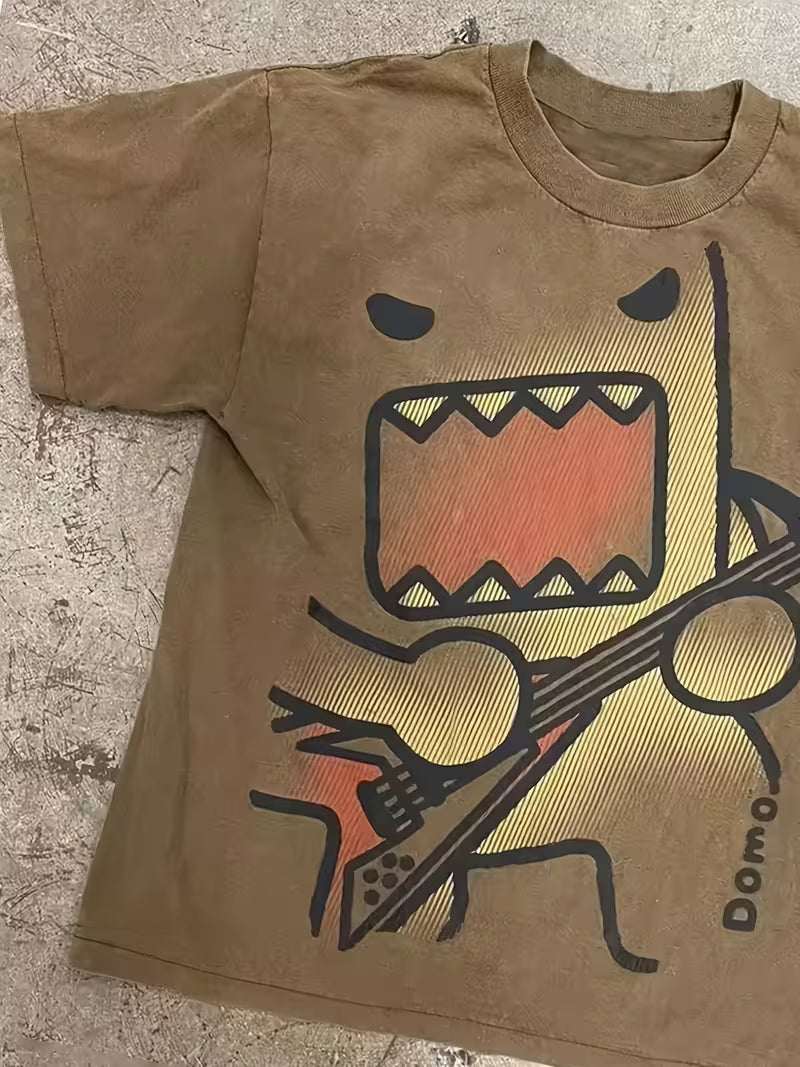 Y2K Domo Kun Guitar Rockstar Graphic Tee - Vintage Emo Scene Brown T-Shirt
